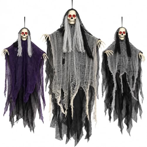 Halloween Outdoor Decorations Set with Glowing Skeleton Ghosts - Spooky Hanging Figures, 3 Pack