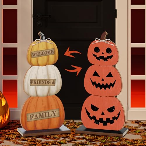 Fall Pumpkin Porch Sign - Double-Sided Wooden Decor for Halloween & Thanksgiving