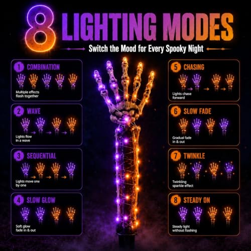 Solar Powered Halloween Skeleton Hand Pathway Lights - Purple & Orange 5 Pack Outdoor Yard Decor