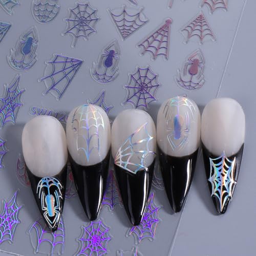 Halloween Nail Stickers Spider Web & Spider Design - 3D Multicolored Glitter Decals, Self-Adhesive, 10PCS