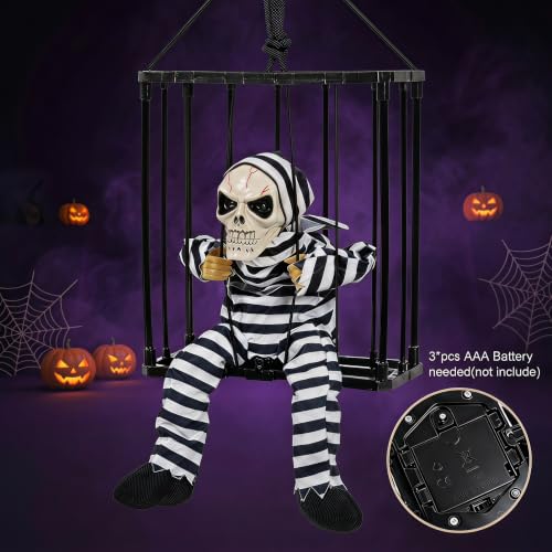 Scary Skeleton Cage Halloween Decor with Motion Sensor and Glowing Red Eyes