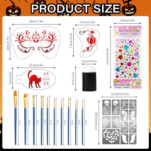 Metuu Red Halloween Face Paint Stencil Kit - Reusable Templates, Brushes & Accessories