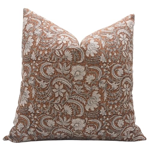 Light Brown 24x24 Linen Block Print Throw Pillow Cover with Zipper - Farmhouse Decor