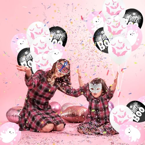 Halloween Balloons Set with Ghost, Bat, Web Design - Pink, White, Black, Variation Wsj06