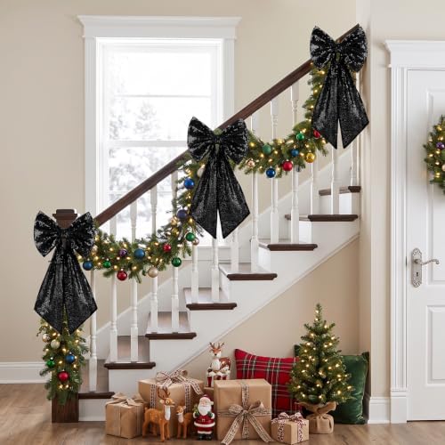 PartyDelight Black Sequin Bow Decorations 10x18 Inch 3 Pack - Sparkly Event Decor