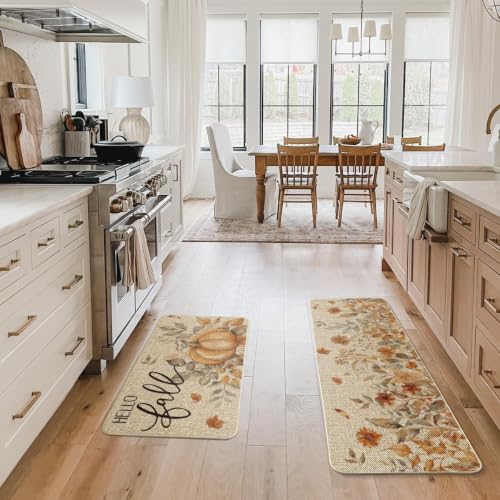 Pumpkin Hello Fall Kitchen Mat Set of 2 - 17x29 & 17x47 Beige