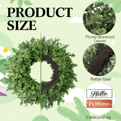 24-Inch Artificial Boxwood Wreath with Ribbons & Welcome Sign for Front Door