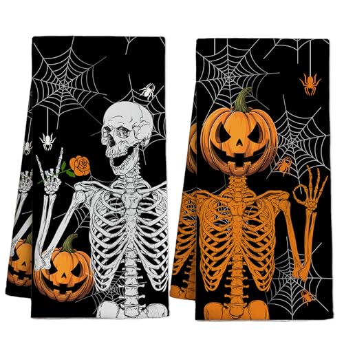 Halloween Kitchen Towel Set - Pumpkin Skeleton Hand Spider Web Black 3