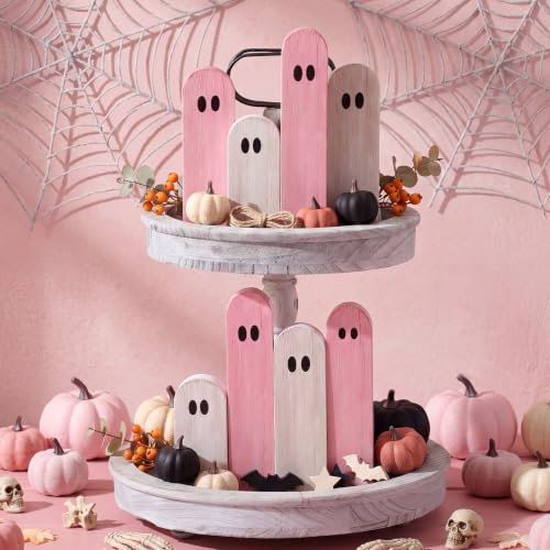 Halloween Wooden Ghost Figurines Set - Freestanding 8 Pcs, White & Pink, Rustic Farmhouse Decor