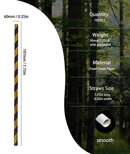 Disposable Black Gold Striped Paper Straws - Gold Black Stripe 100 Pack for Parties