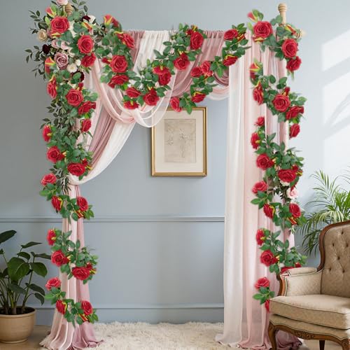 Artificial Red Rose Garlands Set of 5 - 32.5 ft, Realistic Flower Vines for Decor