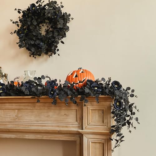 Black Garland with Flowers - 6.56ft Halloween Decorations with 8 Roses - Indoor Outdoor Wall Backdrop - Black / 1PC