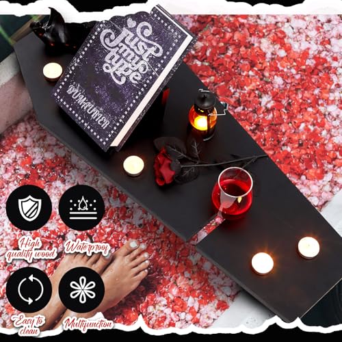 Halloween Coffin Bathtub Tray with Tablet and Wine Holder - Black Wooden Bath Caddy