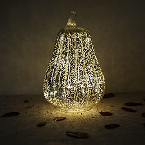 Silver Glass Pumpkin Light with Timer - 8.7-Inch Mercury Pumpkin Decor for Halloween and Fall
