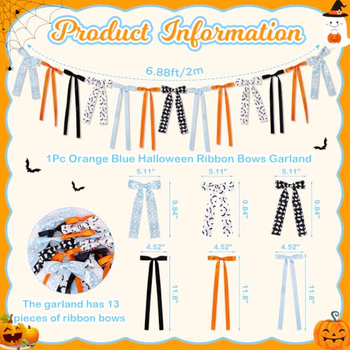 Halloween Bow Garland Banner - Orange Blue Ghost Bat Decor, 13 Bows, 6.88 ft