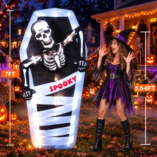 7FT Lighted Inflatable Halloween Tombstone with Skeleton and Coffin