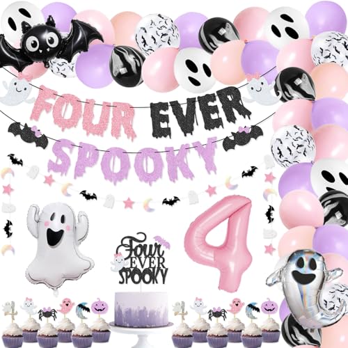 Halloween Birthday Party Pack with Banner Balloons Cake Toppers for Girls Pink Purple