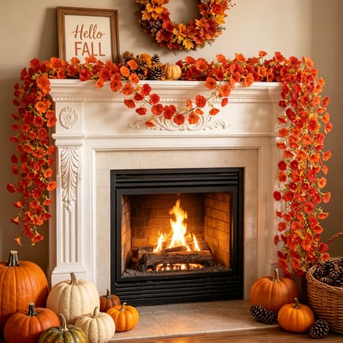 Fall Flower Garland - Artificial Autumn Vine with Orange Red Blooms 6 Pack