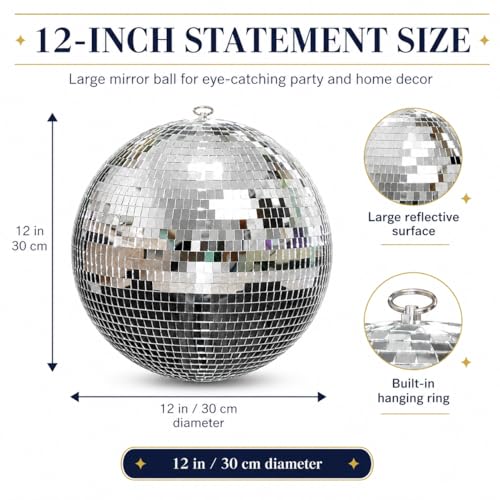12-Inch Large Hanging Mirror Ball for Disco Party Decor - Black+Pink Variation