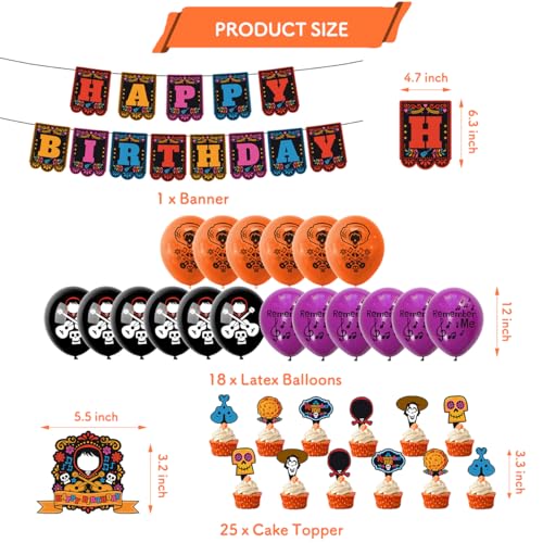 Day of the Dead Party Decorations Set with Banner Balloons Cake Toppers