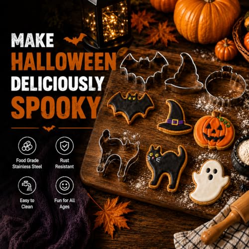 Halloween Cookie Cutters Set - Witch's Hat Pumpkin Ghost Bat Cat Stainless Steel