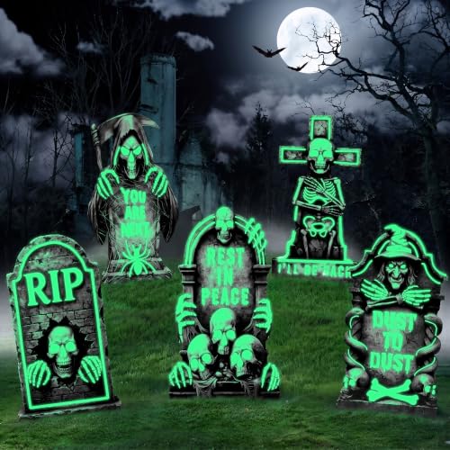 Glow in The Dark Halloween Tombstones Set - 23.6 Inch, 5 Pack Yard Decorations