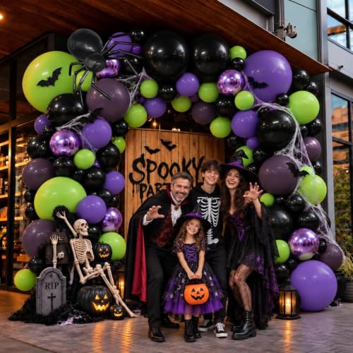 Black Purple Green Balloon Arch Kit for Halloween and Parties - Double Stuffed Latex Balloons