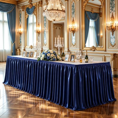 9ft Navy Blue Satin Table Skirt for Rectangular Tables - Wrinkle Resistant
