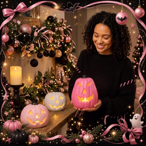 Pink Halloween Pumpkin Decorations Set - Resin Jack O Lanterns with Light-Ready Hollow Bases