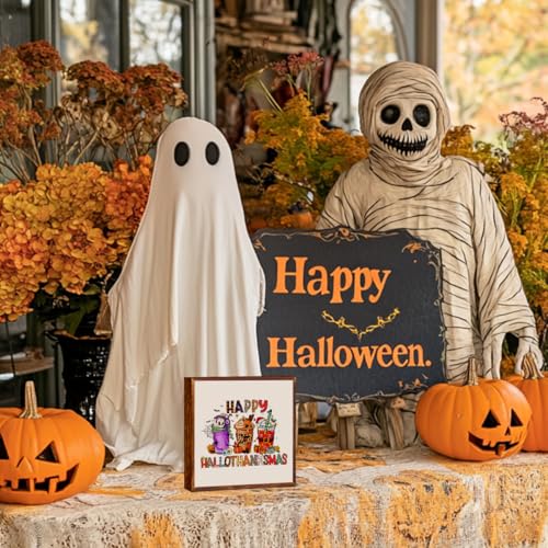 Hallothanksmas Wooden Block Sign - Funny Fall & Holiday Home Decor - Rustic Thanksgiving Christmas Decorations - IAXIC