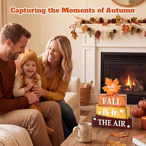 Fall Wooden Decor Set - Rustic Autumn Table Decorations for Home, Includes 'Fall is in The Air' Sign - 4 Pieces