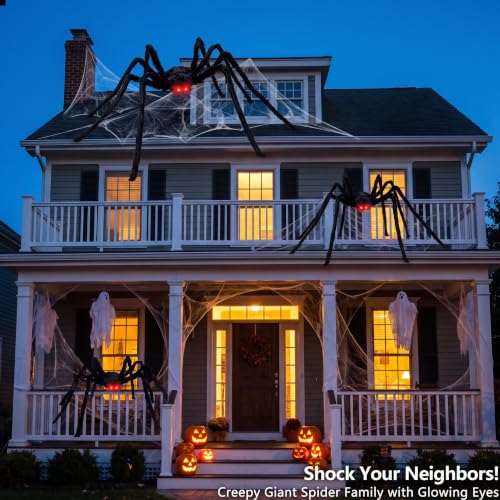 Giant Black Spider Family Set - 8Ft, 5Ft & 3Ft Halloween Decorations with Glowing Eyes