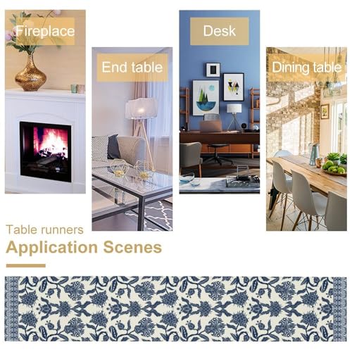 Asian Chinoiserie Blue Ceramic Table Runner 13x108in - Farmhouse Home Decor