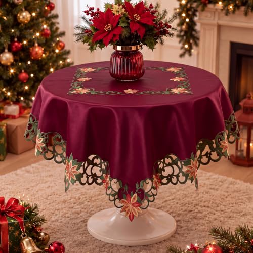 Christmas Burgundy Square Embroidered Poinsettia Tablecloth - 34 Inch