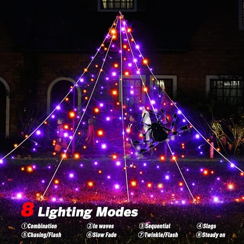 Halloween Outdoor Spider Web Decorations 19.7ft x 14.7ft Lighted Web with Purple & Orange LEDs, 8 Modes, Timer, Waterproof – White Cord Variation