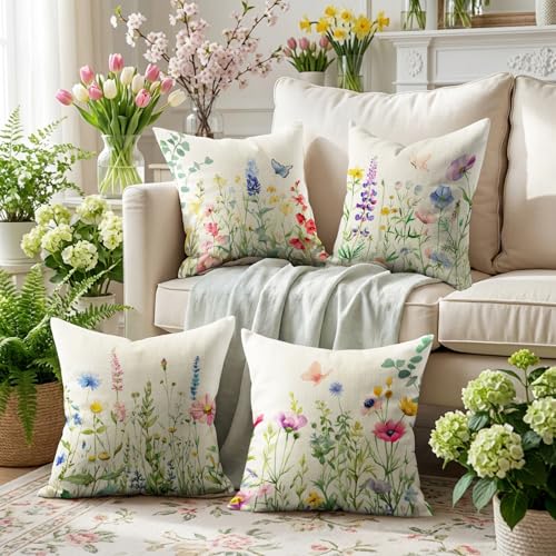Spring Pillow Covers 20x20 Inch Set of 4 - Floral Farmhouse Decorative Pillowcases - Spring / 20" x 20" (Pack of 4)