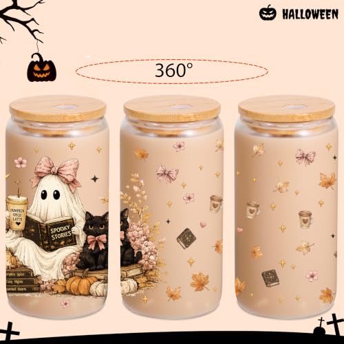 Halloween Glass Cup with Lid & Straw - Boo Basket Gift for Book Lovers - 16oz