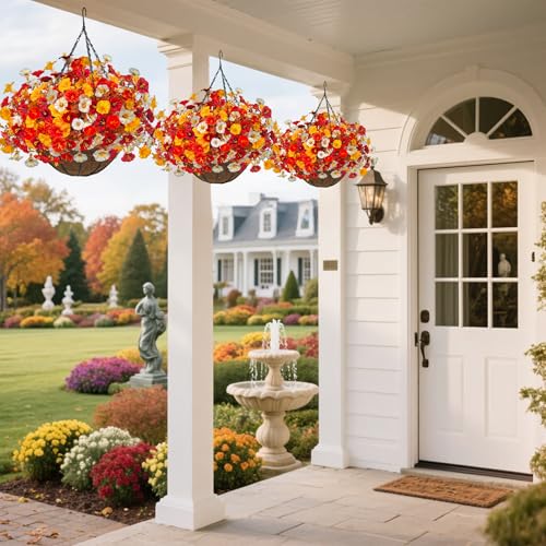 Artificial Hanging Flower Basket - Deep Autumn Faux Petunias, UV Resistant Outdoor Decor