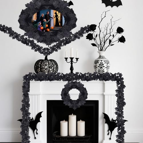 Black Maple Leaf Halloween Garland Set of 2 - Outdoor Fall Decor, Eerie Elegance