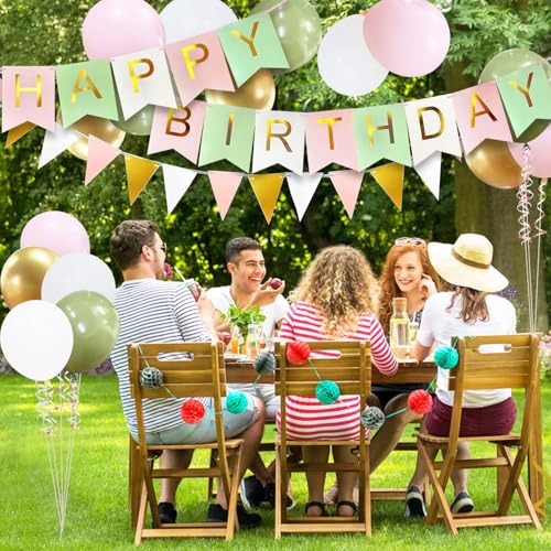 Happy Birthday Banner and Balloon Set - White Pink Green, 16 Balloons & Ribbons