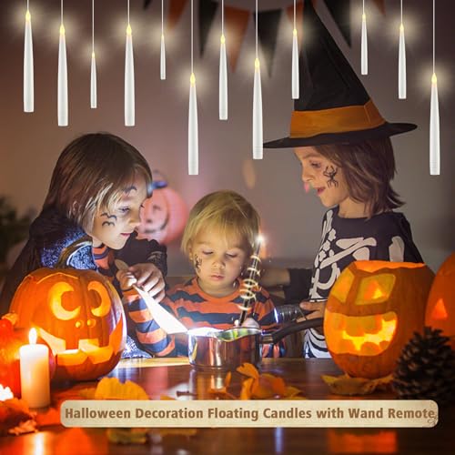 Floating Flameless Candles with Remote Wand Set - Halloween & Holiday Decor, White, 12 Pcs