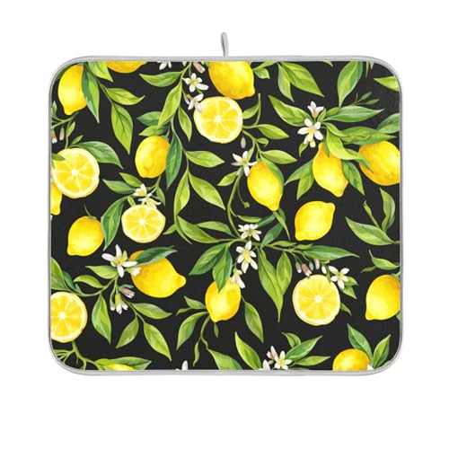 Yellow Lemon on Black Dish Drying Mat - 18x24 Inch Microfiber Kitchen Counter Protector