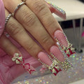 IMRAIN Long Square Press-On Nails with Rhinestones & Gold Bow Charms - Red Fake Nails C-27Red Gold