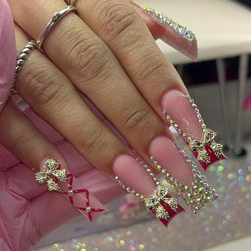 IMRAIN Long Square Press-On Nails with Rhinestones & Gold Bow Charms - Red Fake Nails C-27Red Gold