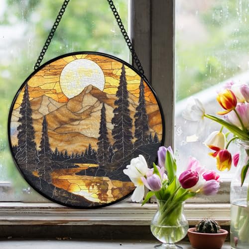 Mountain Sunset Suncatcher - Rustic Stained Glass Window Art - Variation Color13