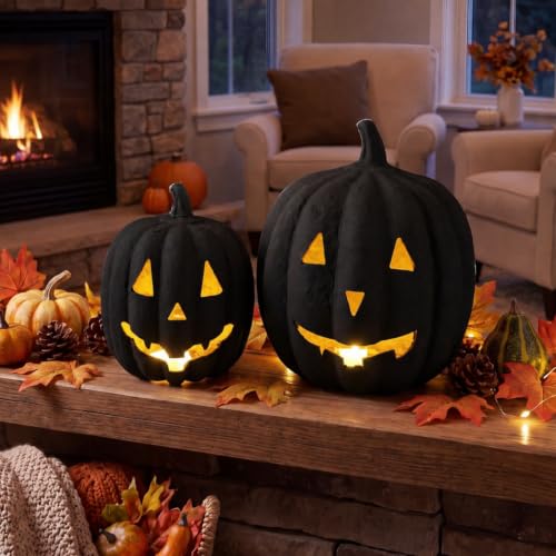 Halloween Paper Mache Jack O'Lantern Set - Black, 2 Indoor Pumpkins with LED Lights