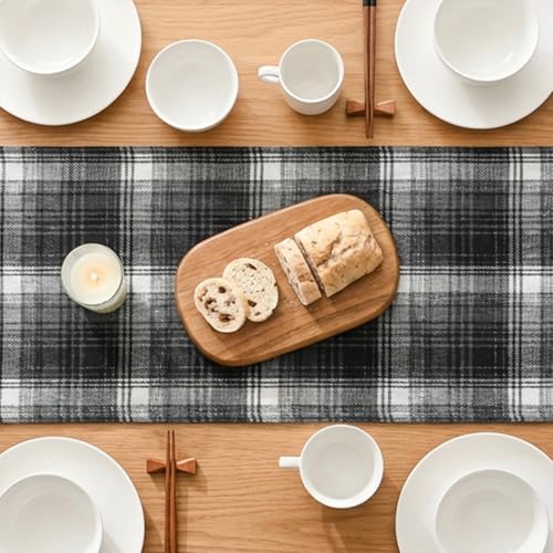 Farmhouse Plaid Table Runner 13x60 Inch Black Grey Halloween Holiday Decor