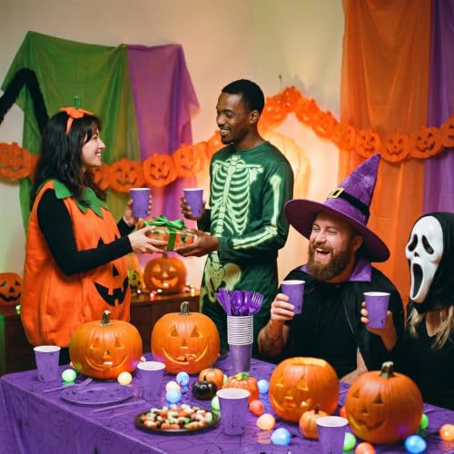 Halloween Spider Web Party Supplies Set - Purple & Black, 452 pcs for 50 Guests
