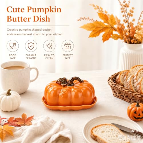 Orange Pumpkin-Shaped Ceramic Butter Dish with Lid - Fall Kitchen Decor
