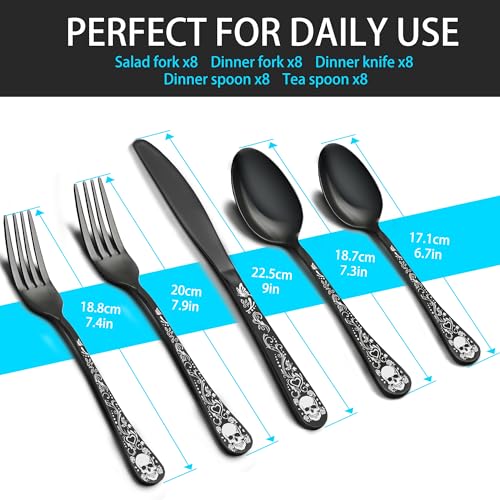 Skull Silverware Set for 8 - 40-Piece Gothic Skeleton Flatware, Halloween Party